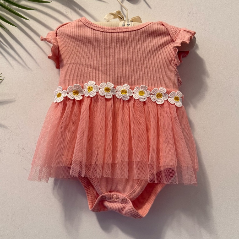 Pink Baby Onesie with Floral Tulle Skirt